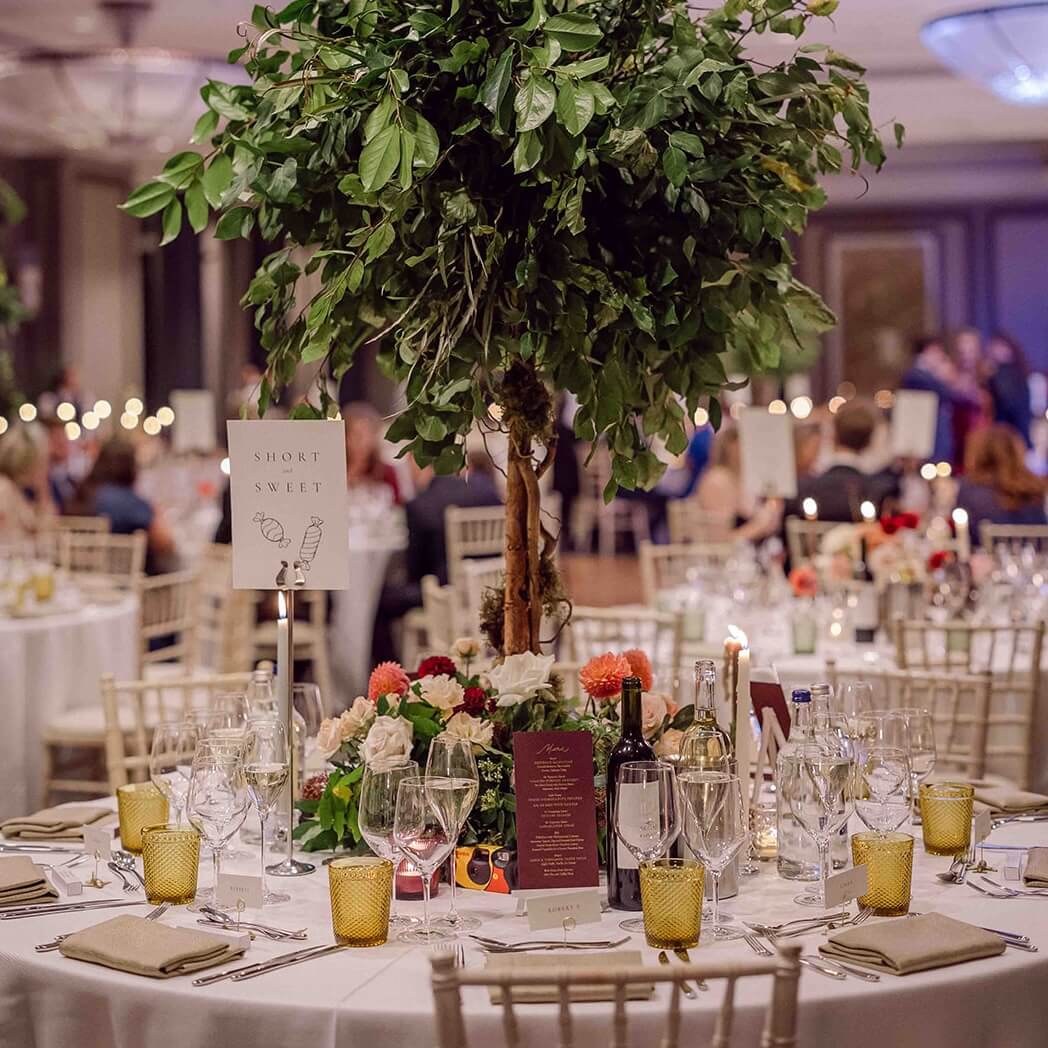 Elegant UK wedding reception with statement greenery and floral table styling